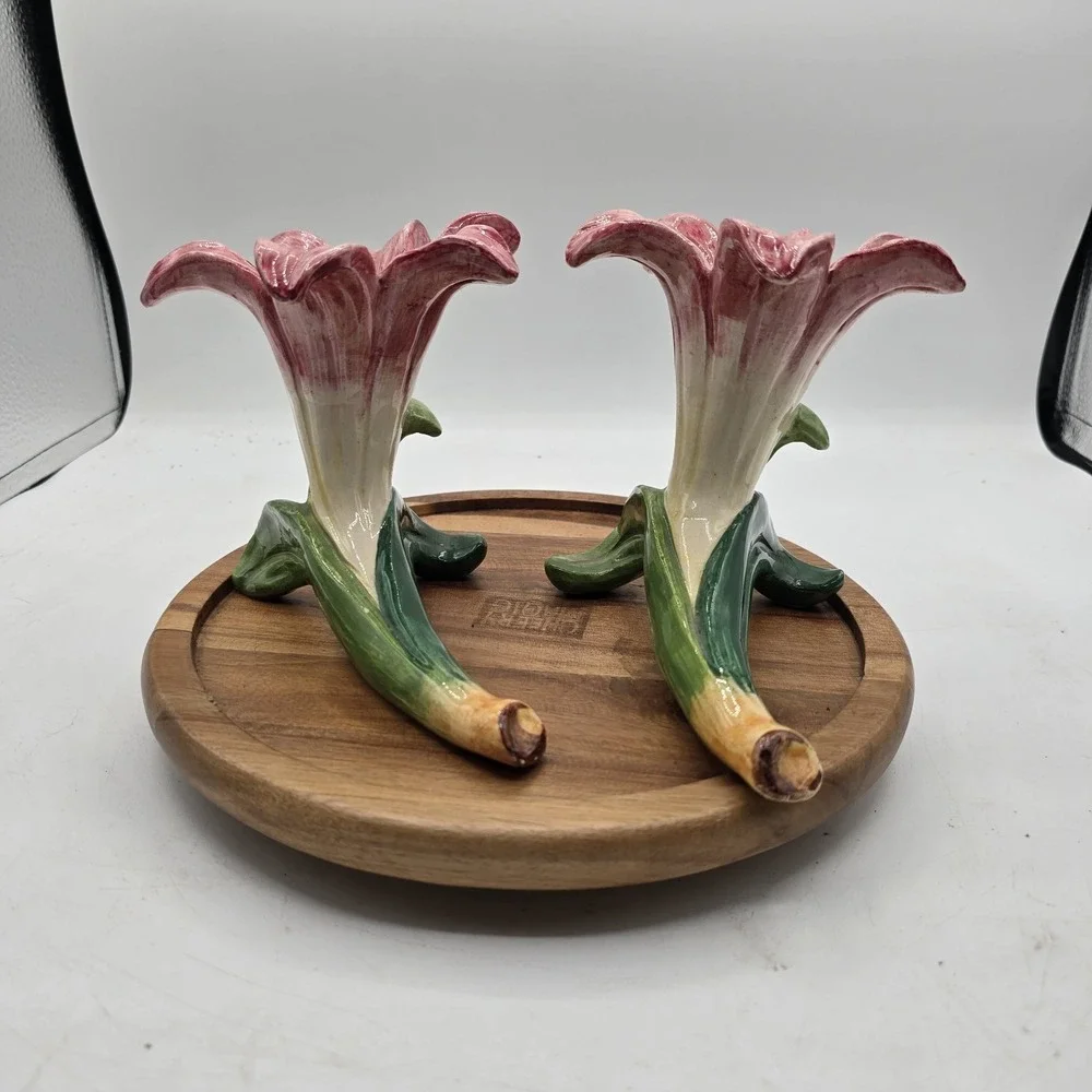Italian Pottery Floral Vase Pair 1957 Peasant Village PV Italy Signed